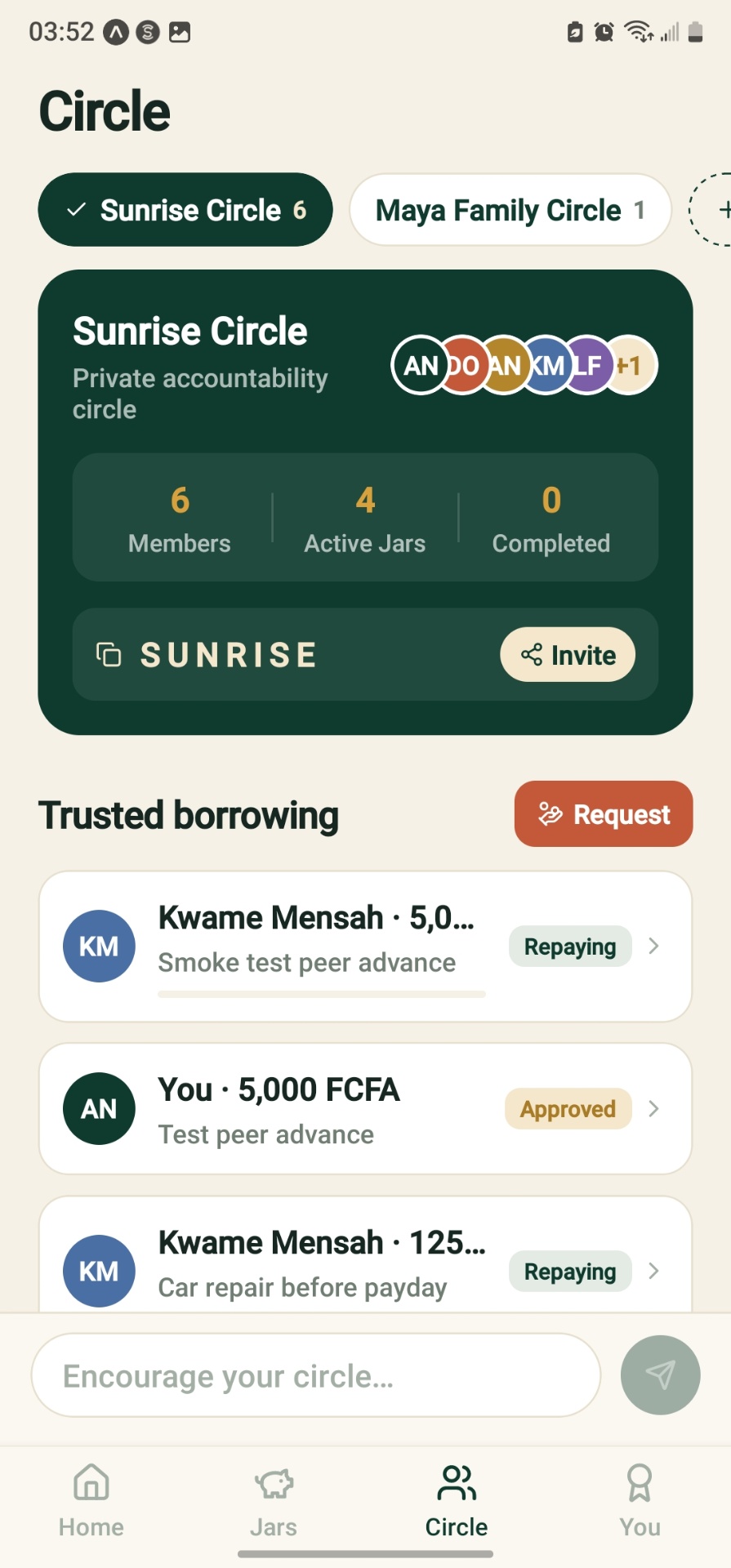 Pursar app on iPhone showing a shared Family Vacation savings jar