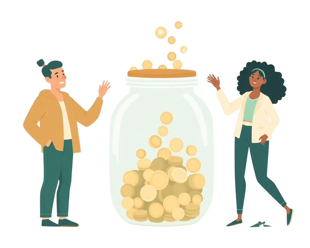 Two friends contributing coins into a shared jar